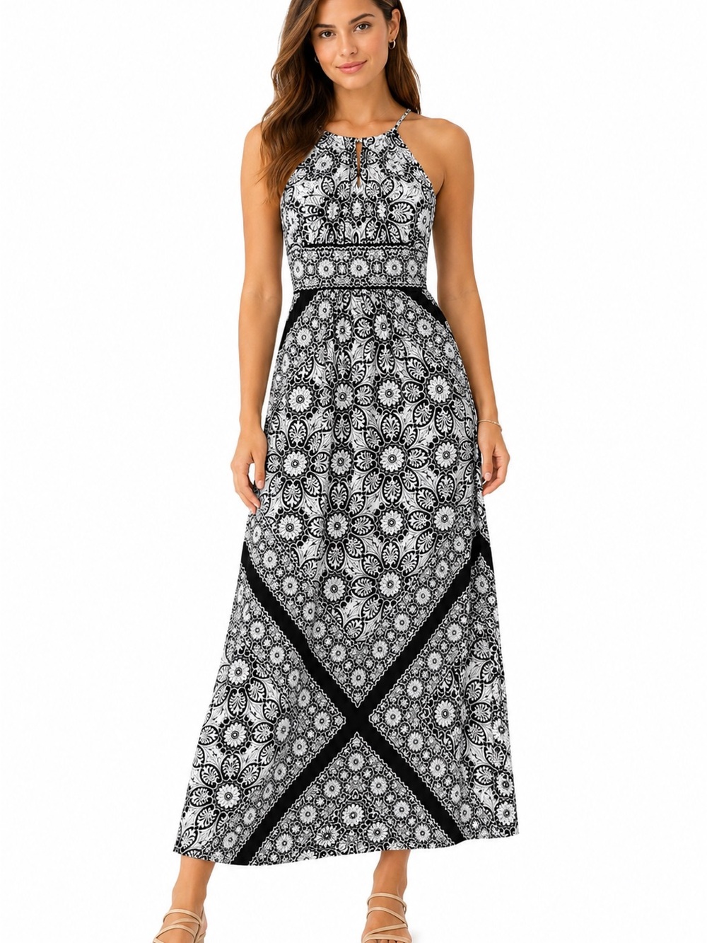 White House Black Market Black & White Maxi with Medallion Print